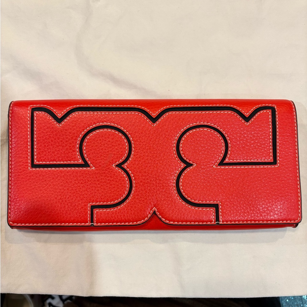 Tory Burch Red Clutch with Bold Graphic Design